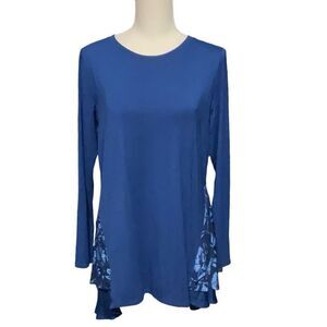 LOGO by Lori Goldstein Blue Hi Lo Floral Layer Long Sleeve Tunic Top Size S NWT